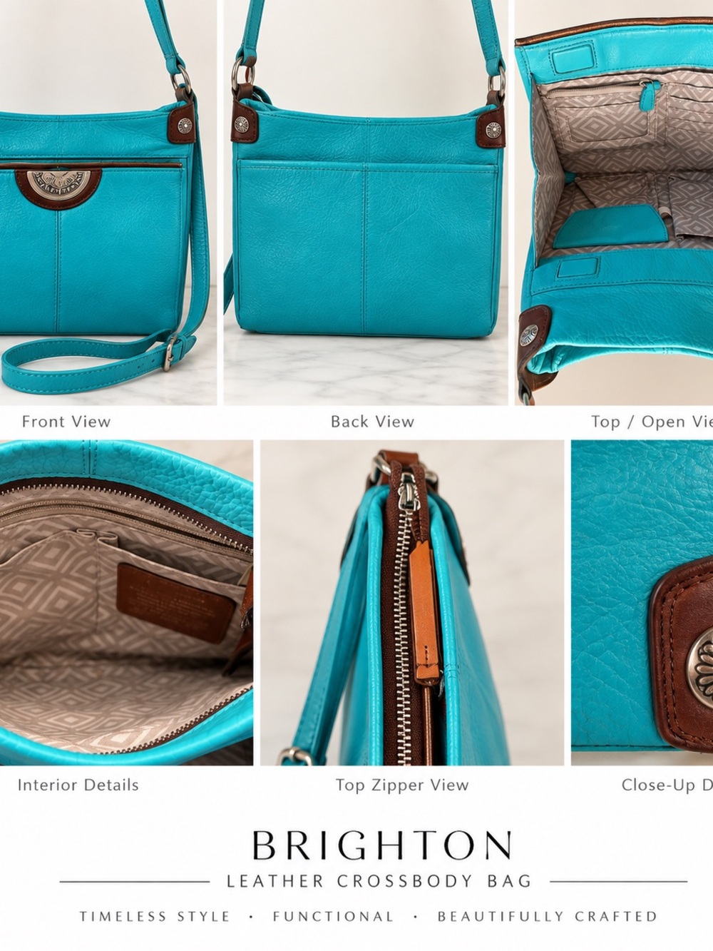 Brighton Turquoise Leather Crossbody with Brown Trim